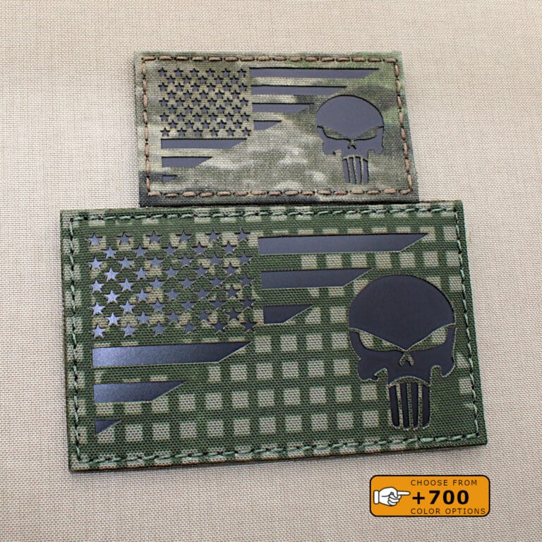 Two patches with the USA flag and the Punisher Skull: one with size 2"x3.5" in A-Tacs IX IR and the other one with size 3"x5" in Desert night IR