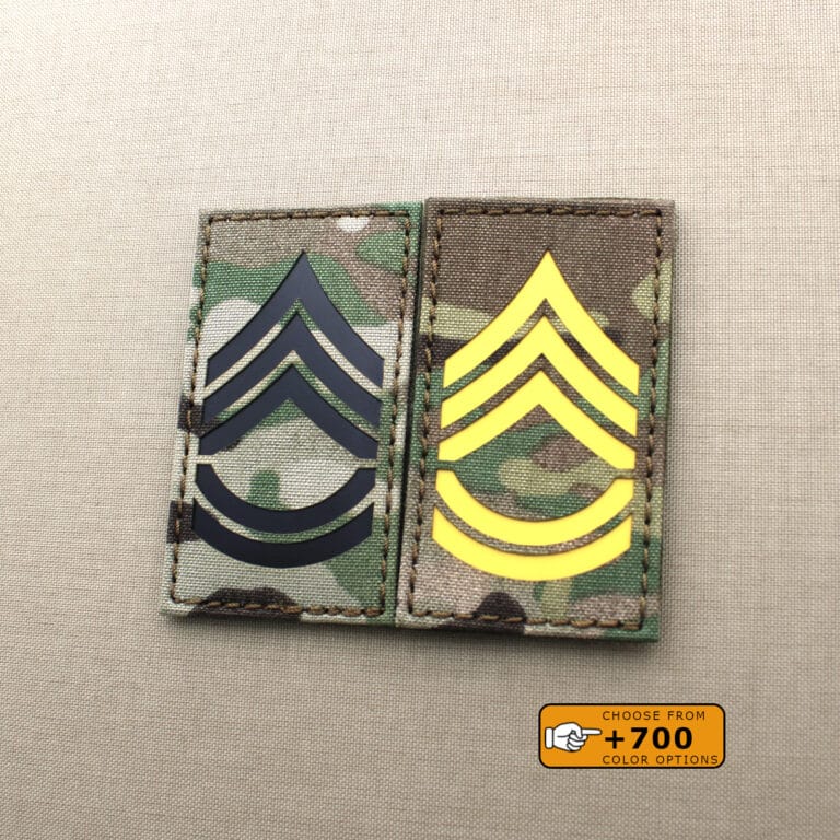 Two patches of the Sergeant First Class SFC Rank with size 2"x3.5", one in multicam IR and the other one in solid yellowin multicam