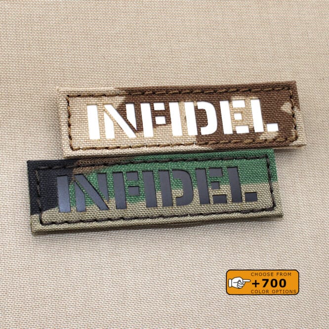 Two patches Infidel Callsign Name Tape with size 1"x3.5" one in Multicam background and Infrared (IR)Text and the other one in Tropentarn with solid white text