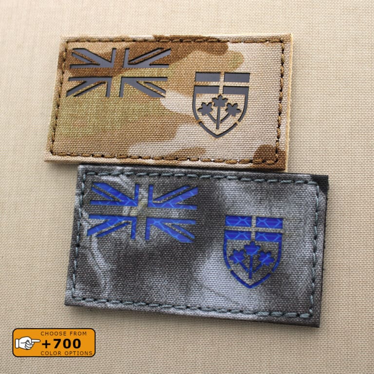 Two patches of Ontario flag with size 2"x3.5" one in Multicam Arid IR and the other one in Kripter Raid 3M reflective prismatic blue