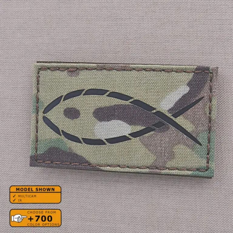 A Ichthys Jesus Fish patch with size 2"x3.5" in Multicam background and Infrared (IR) Text