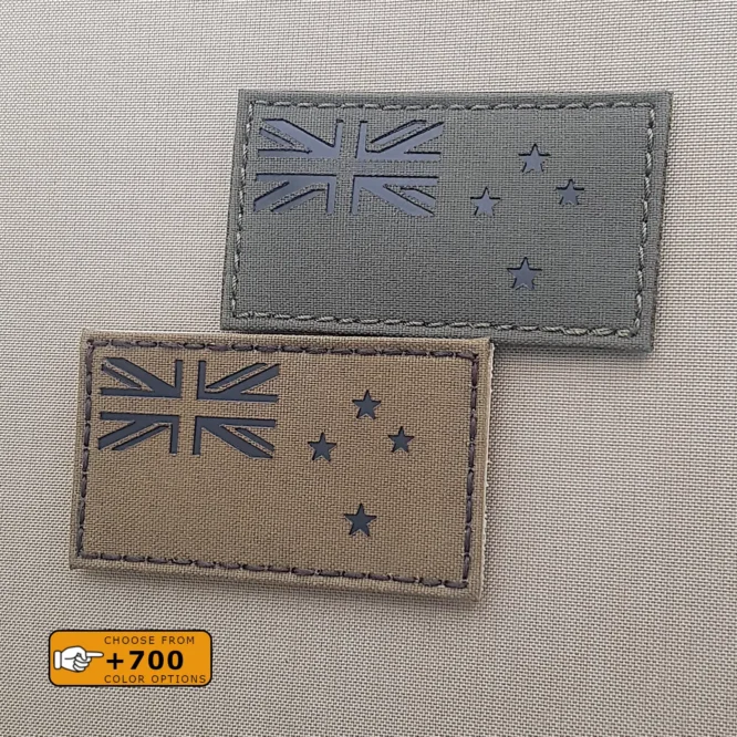 Two patches of the New Zealand flag with size 2"x3.5" one in Coyote Brown Background and the another in Olive Drab and the two texts in Infrared (IR) Brazil Flag Patch