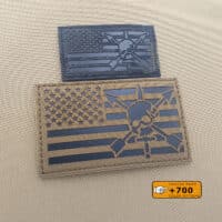 Two patches with the US flag and the Nous Defions: one with size 2"x3.5" in Multicam IR and the other one with size 3"x5" in Coyote Brown IR