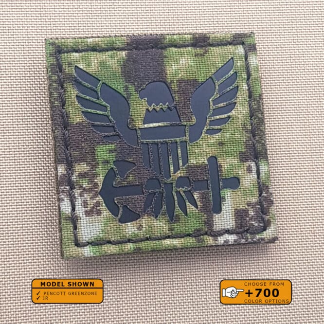 A patch with US Navy with size 2"x2" in Pencott Greenzone background and Infrared (IR) Text