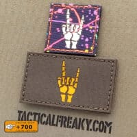 Two patches of the Rock and Roll Sign in skeleton hand one with size 2"x2" in Splatter glow in the dark and the other one with size 2"x3.5" in Ranger Green reflective yellow