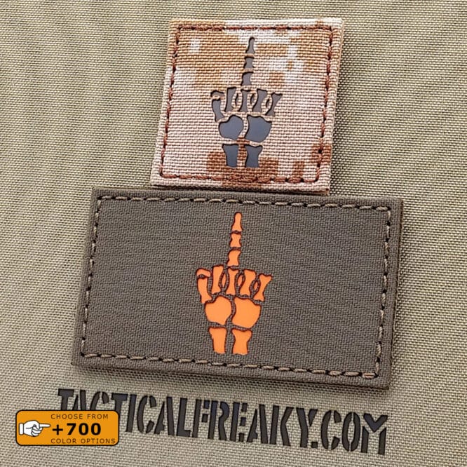 Two patches of the Fuck You Sign in skeleton hand one with size 2"x2" in Desert Marpat IR and the other one with size 2"x3.5" in Ranger Green solid orange