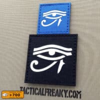 Two patches with the Eye of Horus one with size 2"x2" in Royal Blue reflective white and the other one with size 3"x3" in Black Glow In The Dark text