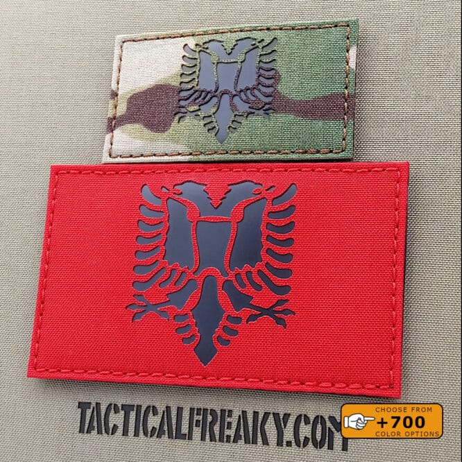 Two patches with the Albania Flamuri Kombëtar flag one with size 2"x3.5" in Multicam IR and the other one with size 3"x5" in Red IR text