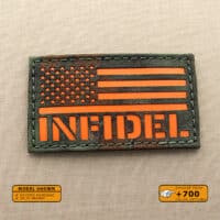 A patch with the USA Flag and the text Infidel below in Kryptek Mandrake background and Orange solid text