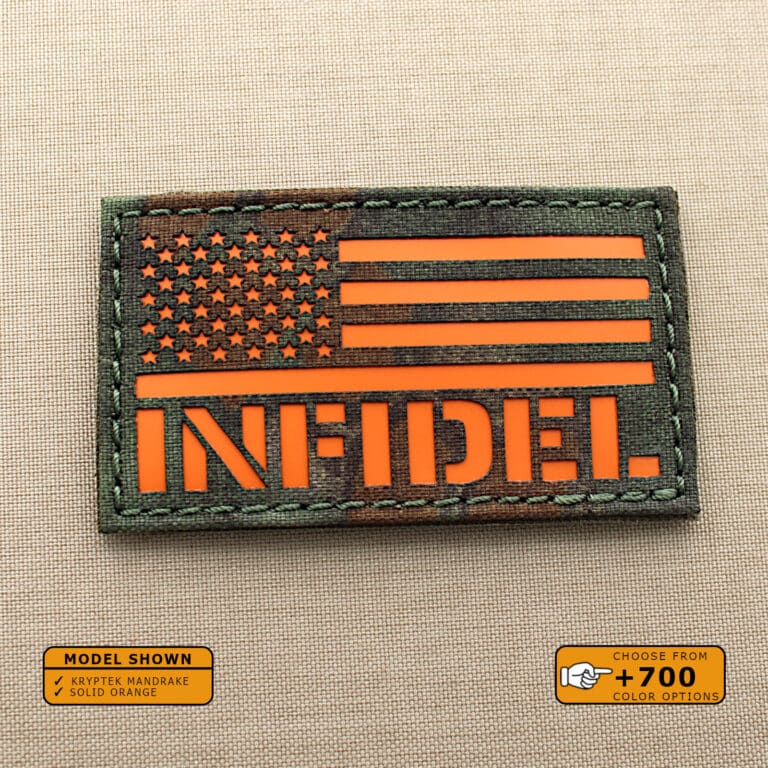 A patch with the USA Flag and the text Infidel below in Kryptek Mandrake background and Orange solid text