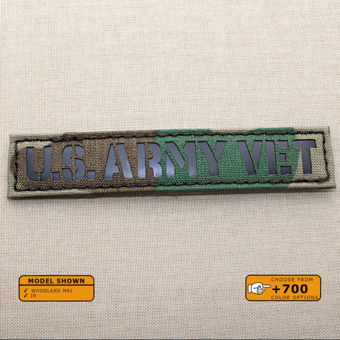 US Army Veteran Callsign Name Tape patch with size 1"x5" in Woodland M81 background and Infrared (IR)Text