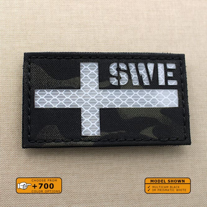 The Sweden Sverige Flag partch with size 2"x3.5" in Multicam Black Reflective 3M Prismatic white