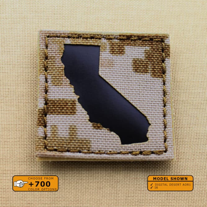 A patch with California state cutout: with size 2"x2" in Digital Desert Marpat AOR1 background and Infrared (IR) Text