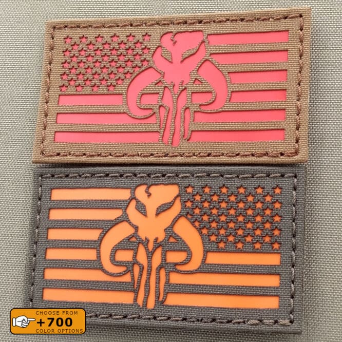 Two patches of Stars Wars Mythosaur in USA flag with size 2"x3.5" one in Coyote Brown solid red and the other one in Ranger Green in solid Orange