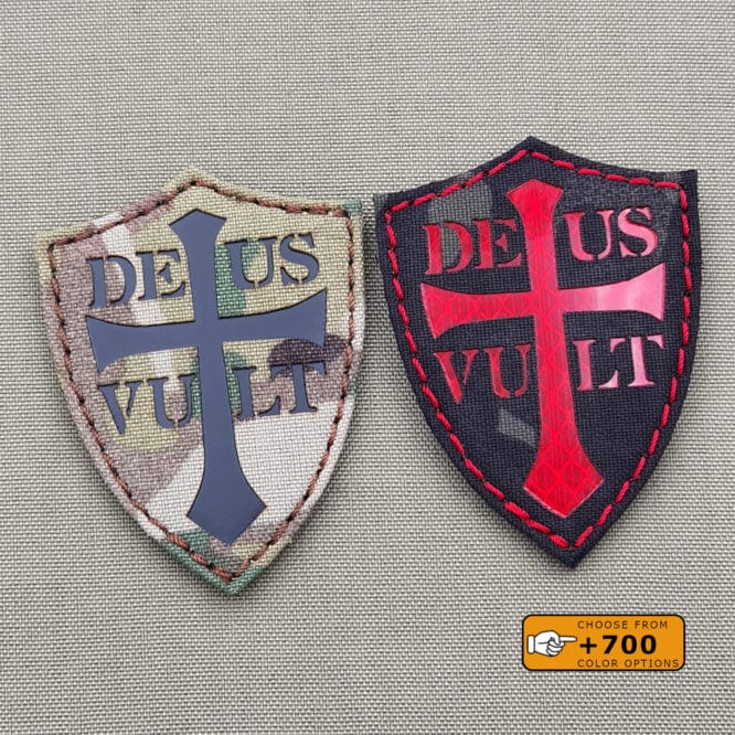 Two patches with the shield of the Deus Vult shape. Both with size 3"x2..25", one in Multicam IR and the other one in black background with Red reflective 3M Prismatic