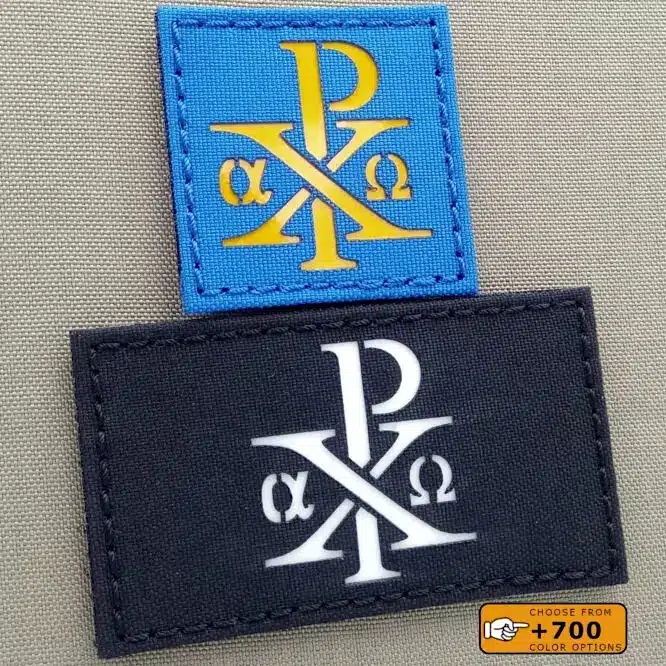 Two patches of the Chi Rho Christogram Jesus Christ: one patch with size 2"x2" in Royal blue with reflective white and the other one with size 2"x3.5" in black background with glow in the dark