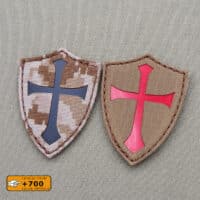 Two patches with the crusader cross shield of the shape. Both with size 3"x2.25", one in desert marpat IR and the other one in coyote brown background with Red reflective