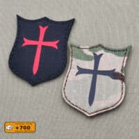Two patches with the shield of the crussader cross shape. Both with size 3"x2..25", one in Multicam IR and the other one in black background with Red reflective