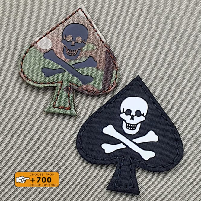 Two patches with the Jolly Roger flag. One in Multicam IR and the other one in black background with solid white