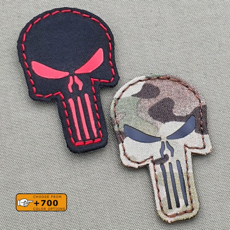 Two patches with the punisher skull shape. One in Multicam IR and the other one in black background with Red reflective