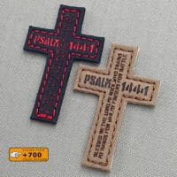 Two patches of the Jesuchist cross shape wiht de PSALM 144:1 "Blessed be the lord, my rock, who trains my hands for war, and my fingers for battle."