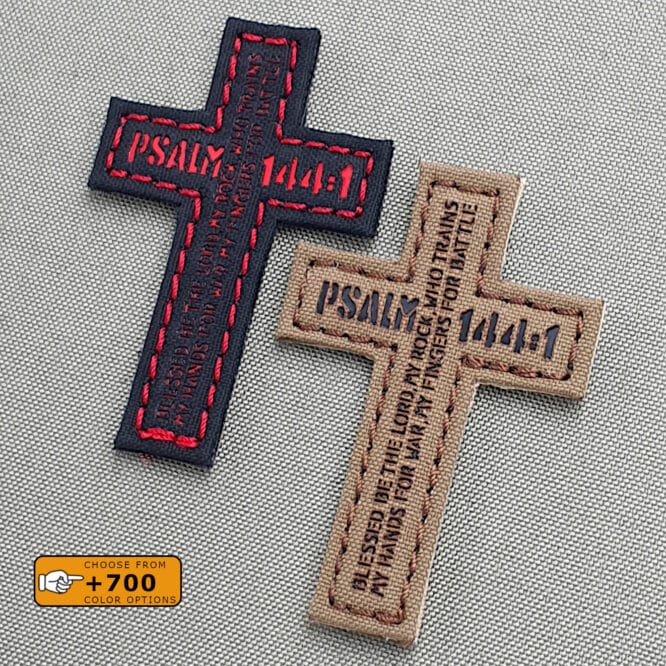 Two patches of the Jesuchist cross shape wiht de PSALM 144:1 "Blessed be the lord, my rock, who trains my hands for war, and my fingers for battle."