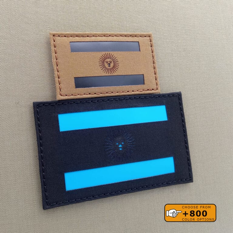 2 lasercut patches of the Argentina flag: one with size 2"x3.5" in Coyote Brown IR (infrared) and the other one with size 3"x5" in black background with solid blue (Royal blue)