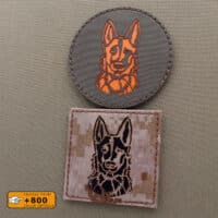 Two patches of the Dog Handler K9: one in round shape with size 2x3.5" in Wolf grey with solid orange and the other one with size 3"x3" in AOR1 / Desert Digital MARPAT infrared