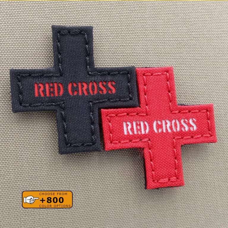 Two patches of the Red Cross shape with de text red cross