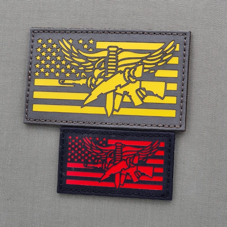 Two patches of the USA Flag SWAT Eagle: one with size 3x5 in Wolf grey with solid yellow and the other one with size 2x3.5 inch in black background with solid red